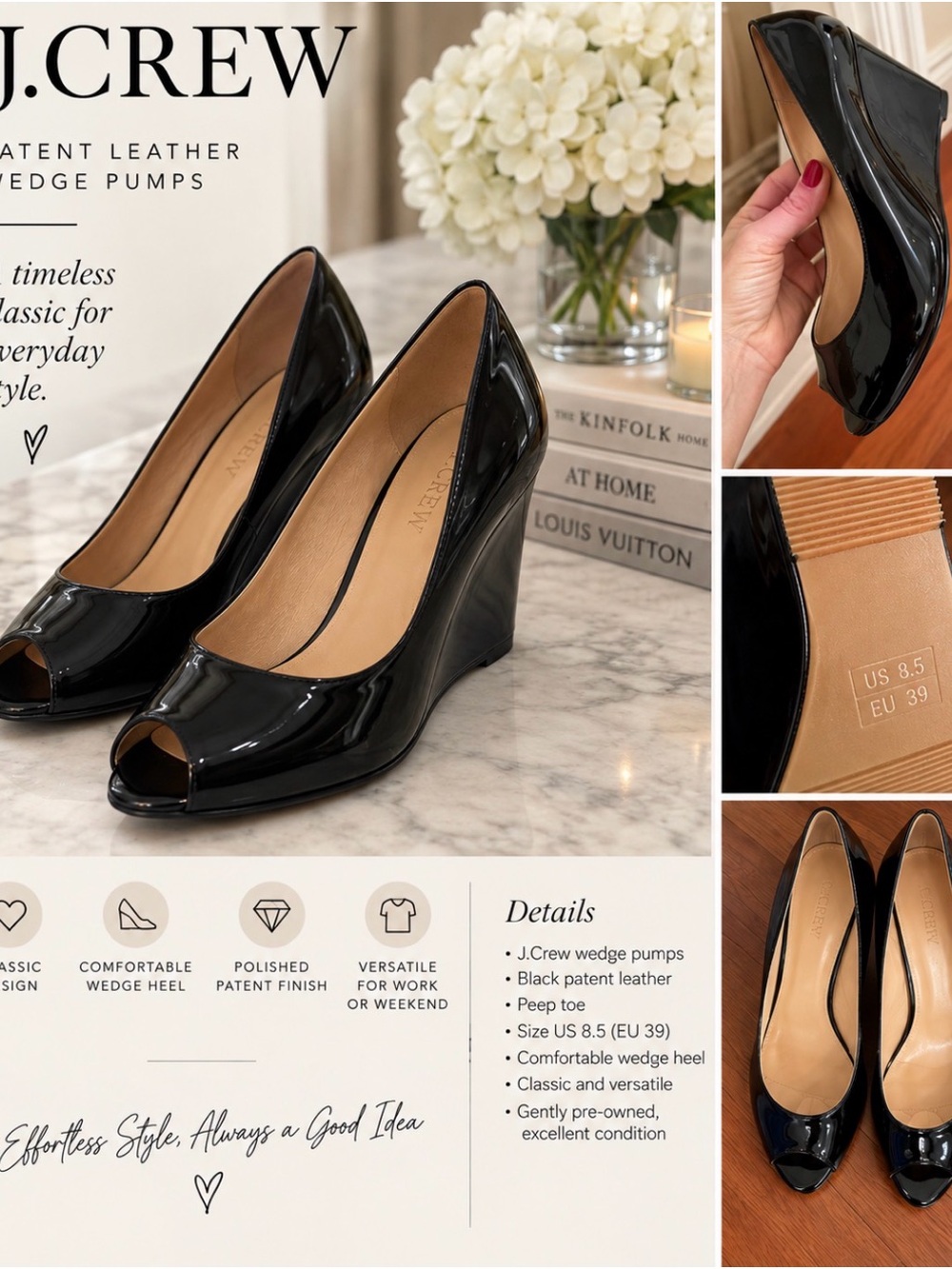 J. Crew Black Patent Leather Peep-Toe Wedge Pumps